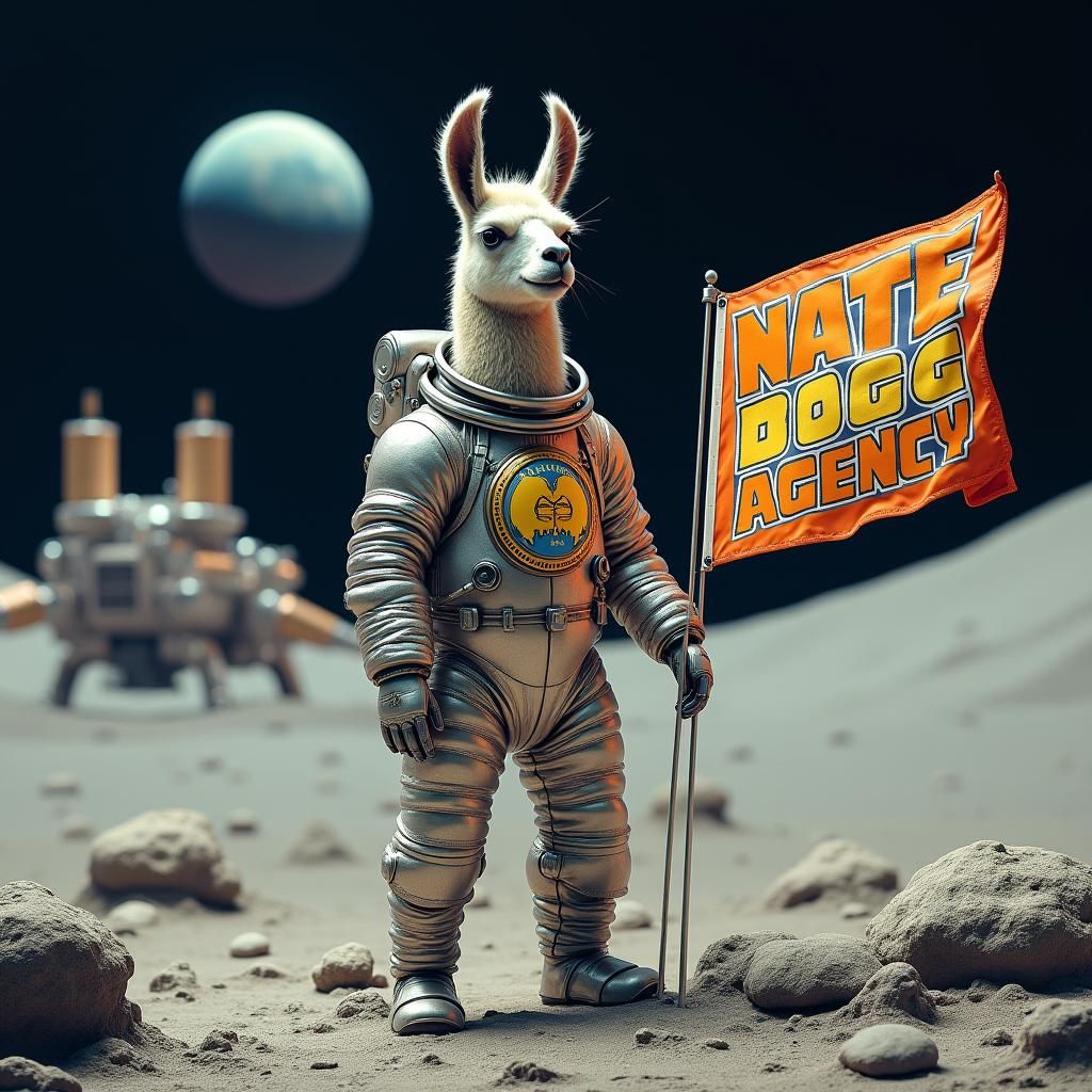 Llama Astronaut on Moon with Nate Dogg Agency Flag