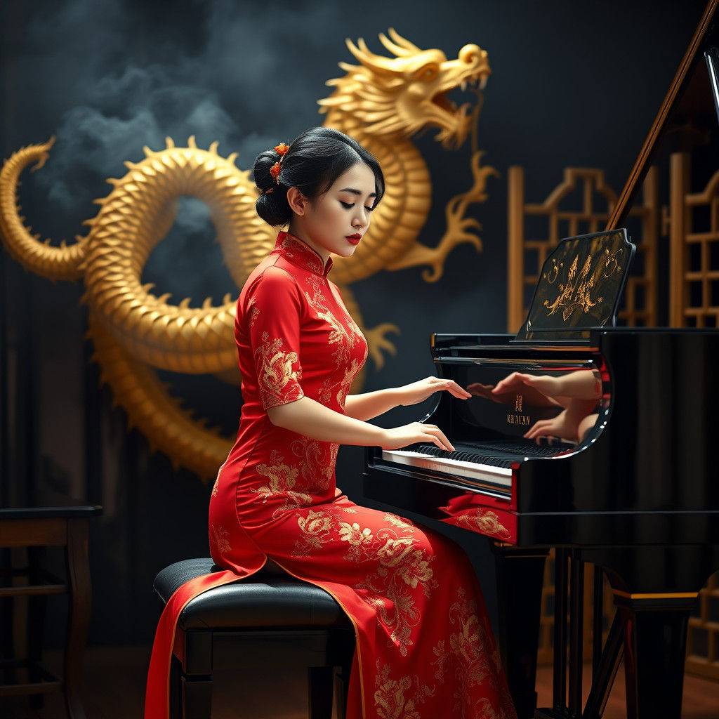Elegant Piano Performance with Mythical Golden Dragon