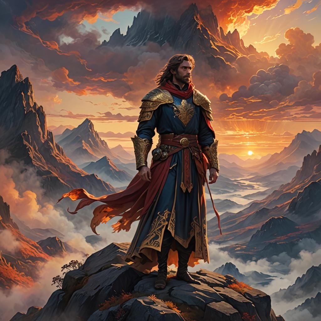 Regal Figure on Misty Mountain at Sunset
