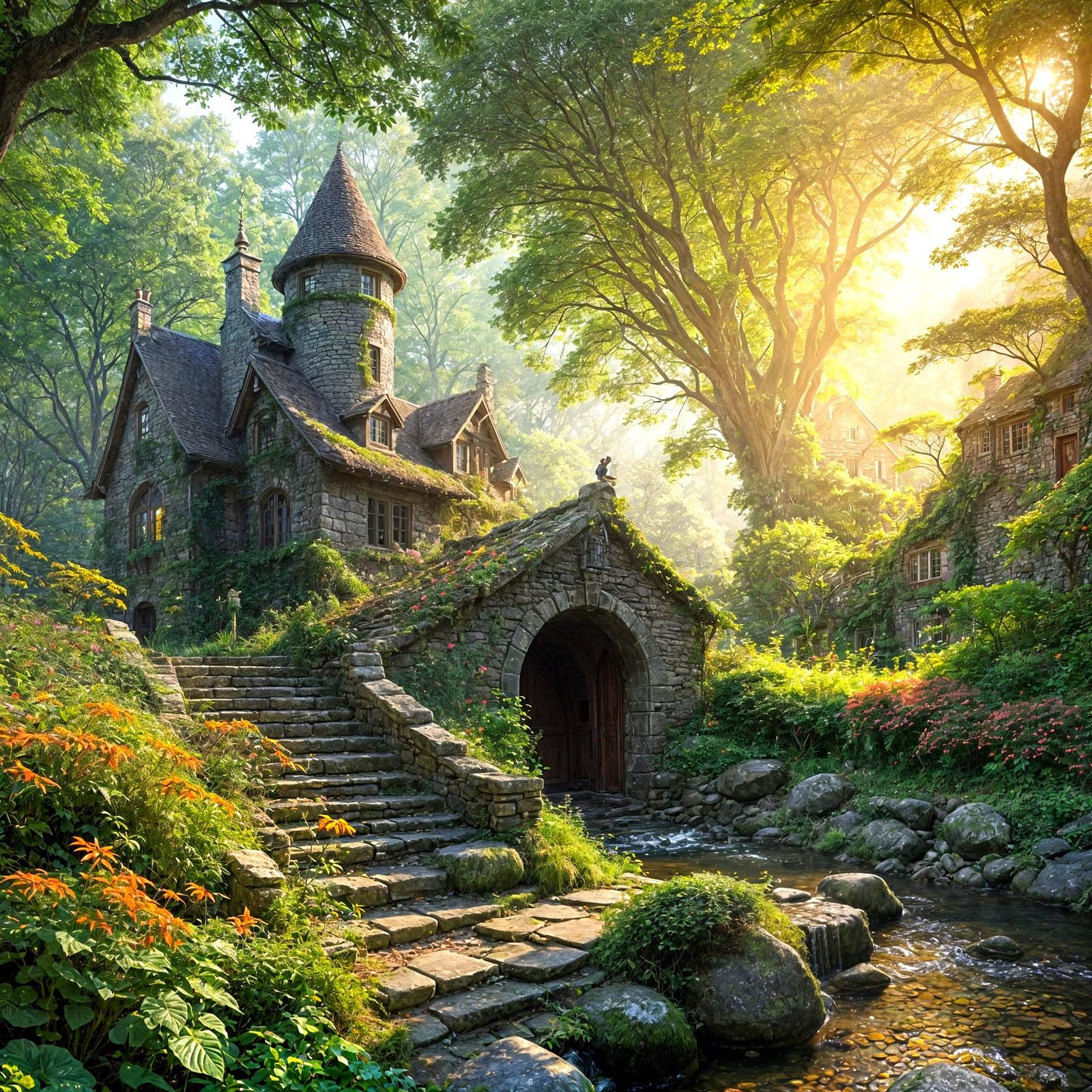 Magical Fairytale House on Stone Bridge in Lush Forest