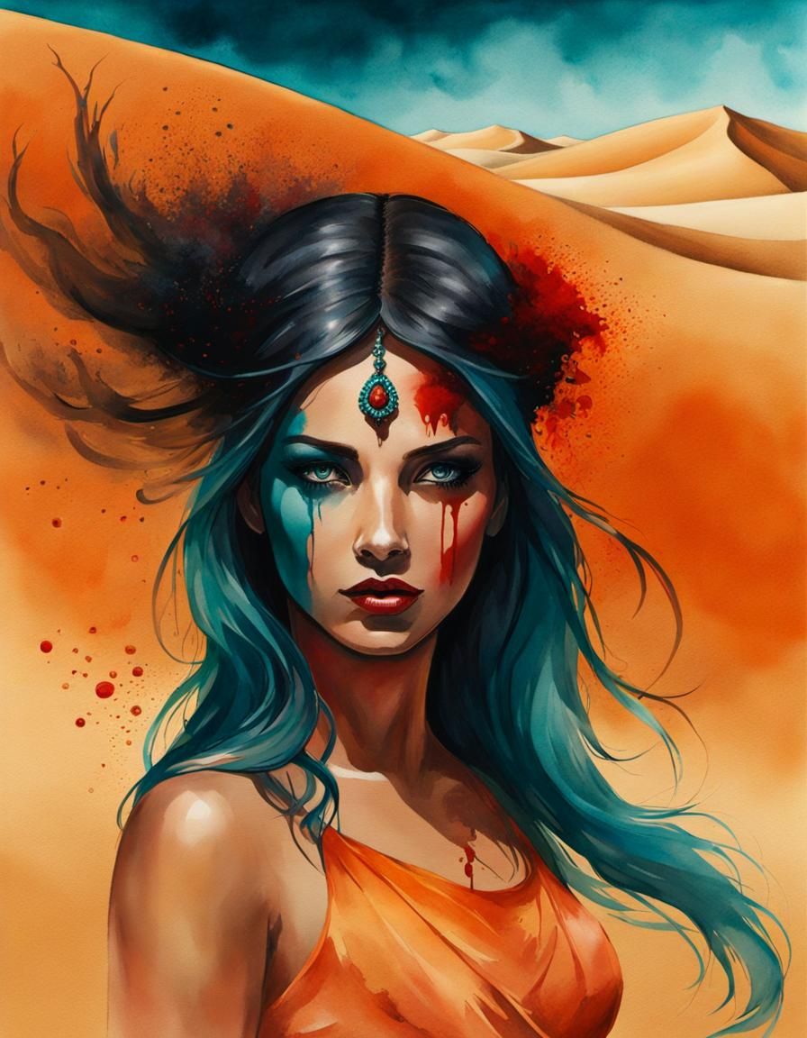 Sand Goddess in Surreal Watercolor Sandstorm