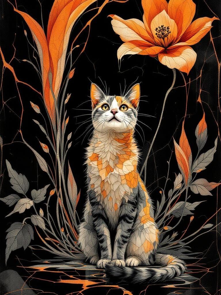 Cat Under Flower in Art Nouveau Ink Wash