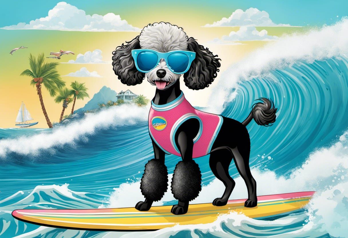 Surfing Poodle in California Beach Scene