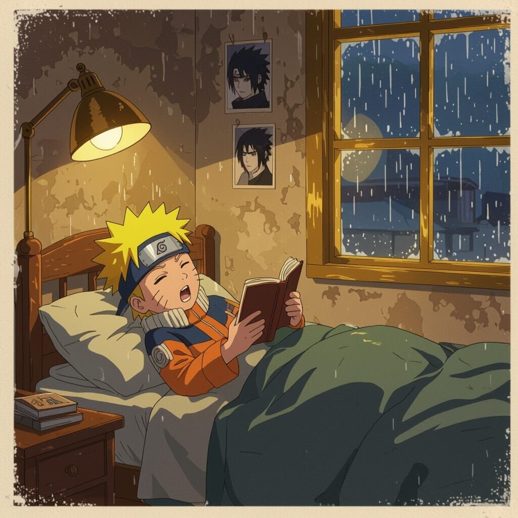 Anime Character Reads Book by Lamp, Sleepy But Determined