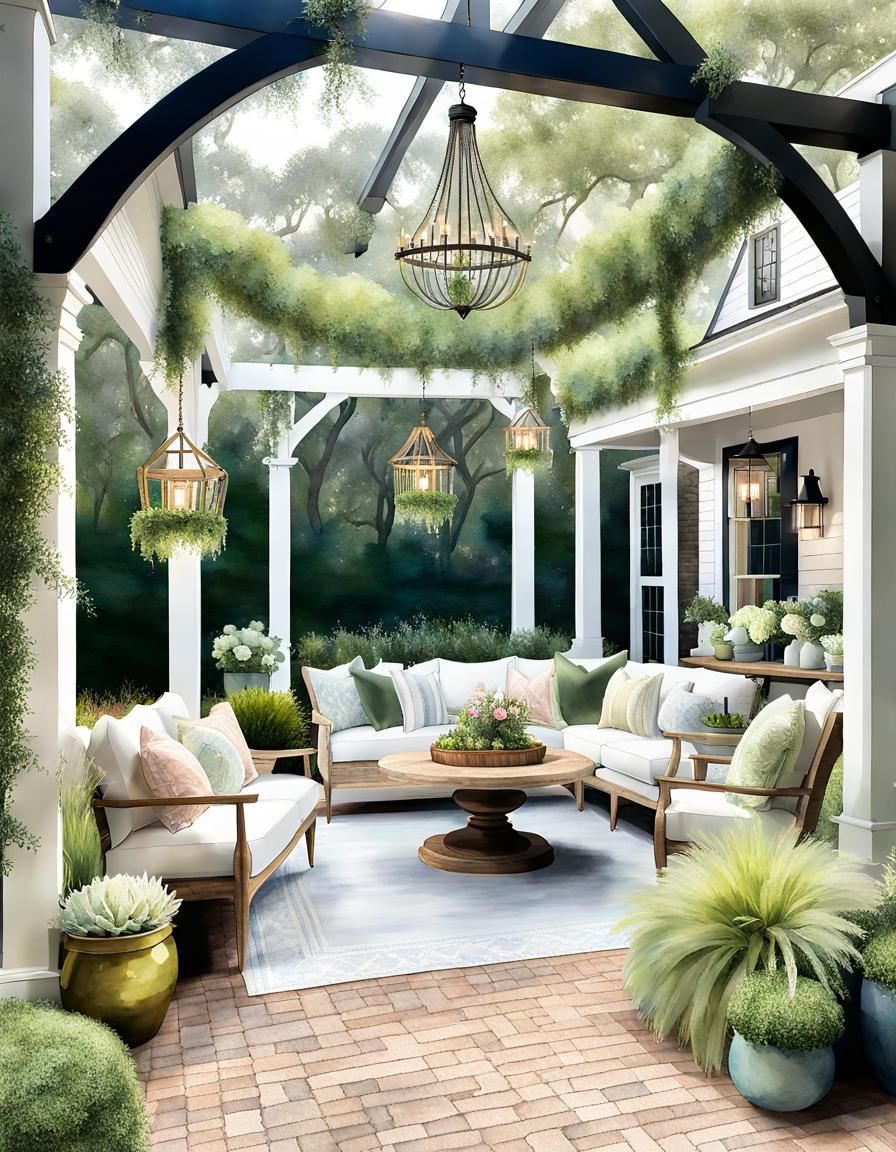 Watercolor Southern Oak Cottage Garden with Boho Accents