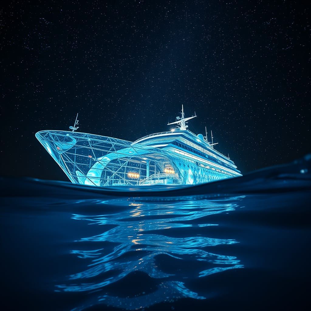 Surreal Crystal Ship Sails Through Starry Oceanic Depths