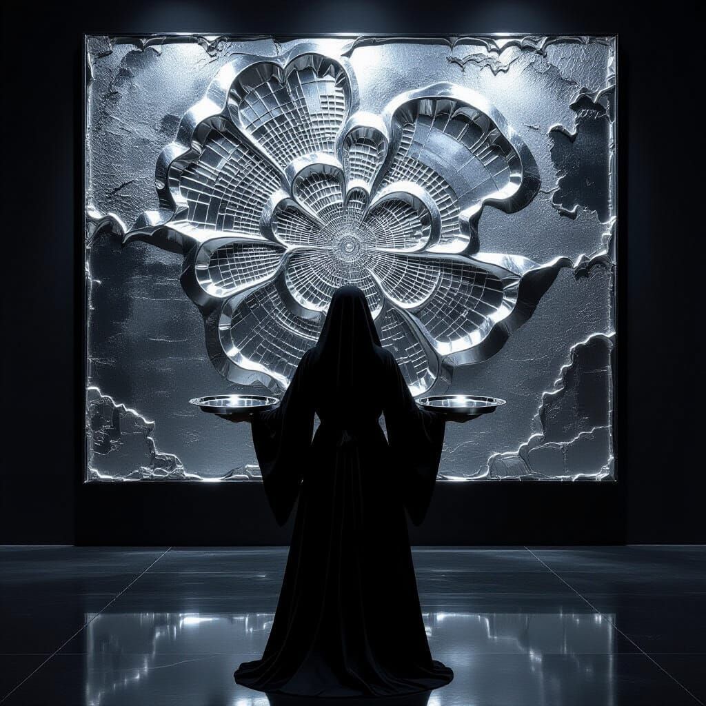 Woman in Black Robe Offers Silver Trays in Chiaroscuro Room