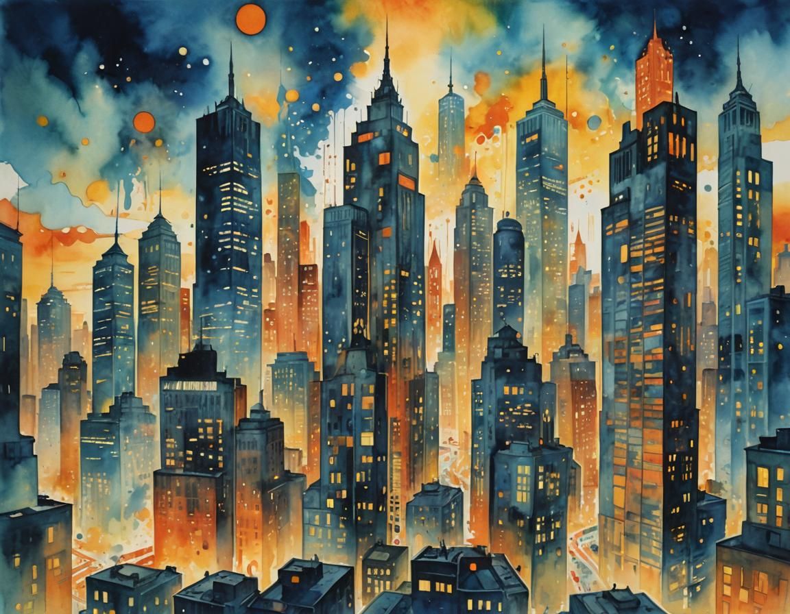 Surreal Retro Watercolor Cityscape at Sunset