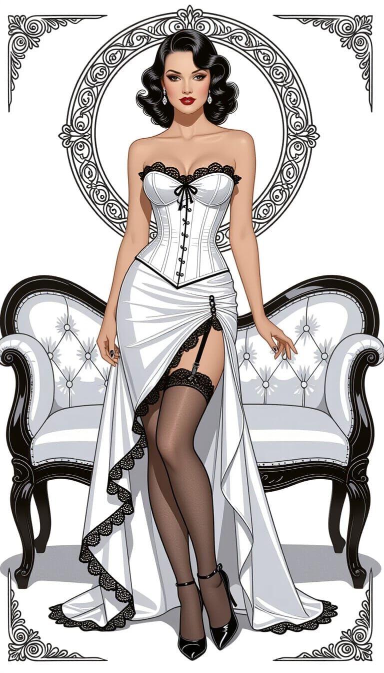 Vintage Pin-Up Girl in Alphonse Mucha Style