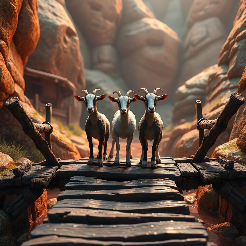 Billy Goats on Bridge in Vibrant Digital Art