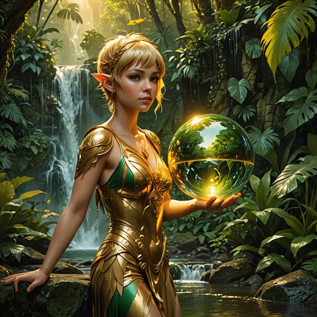 Golden Pixie with Reflective Orb by Waterfall