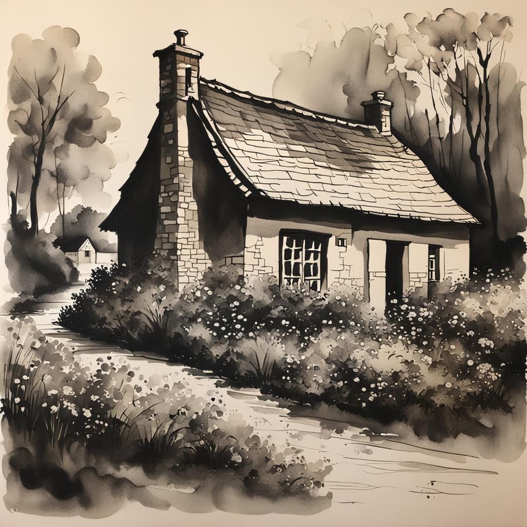 Modern Ink Painting of a Quaint Cottage