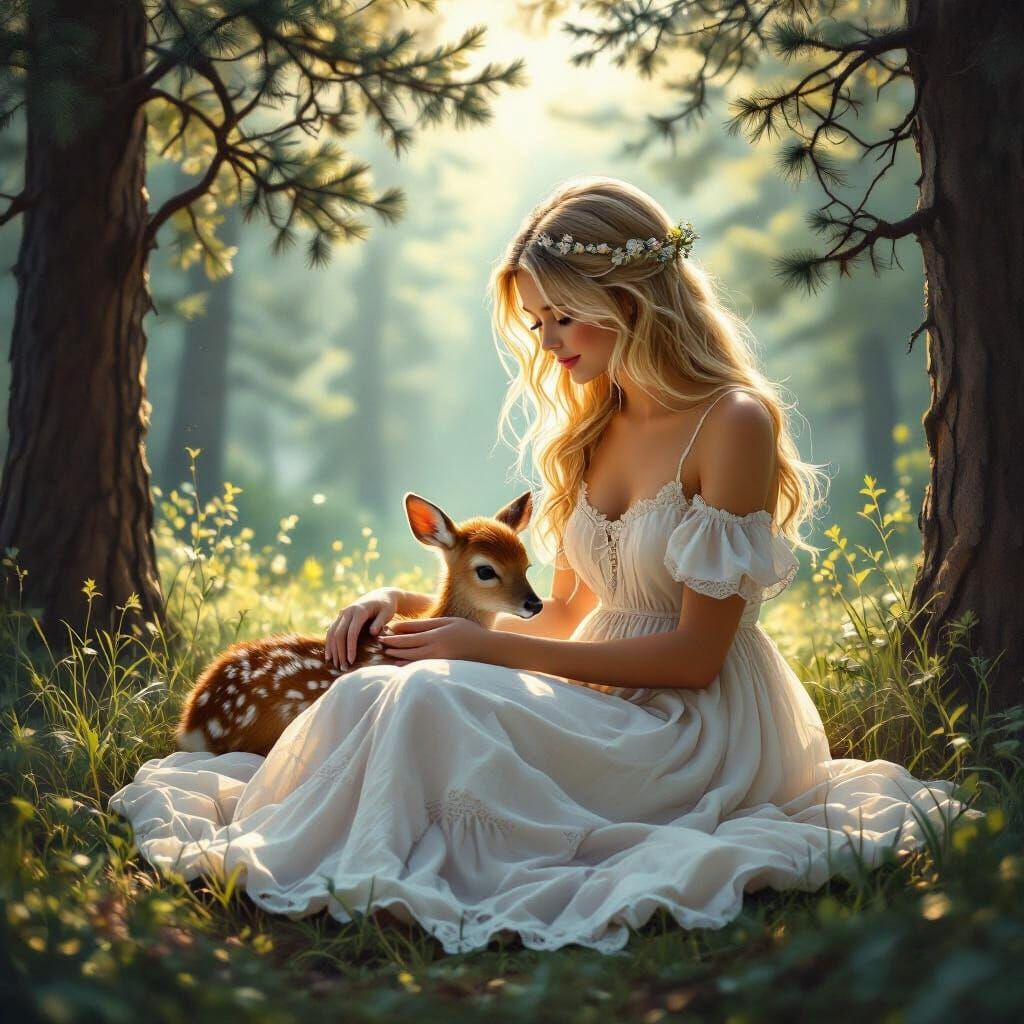 Woman and Fawn in Forest Clearing
