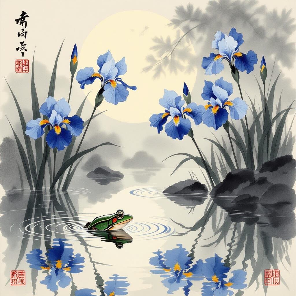 Blue Irises Bloom: Japanese-Style Pond Scene