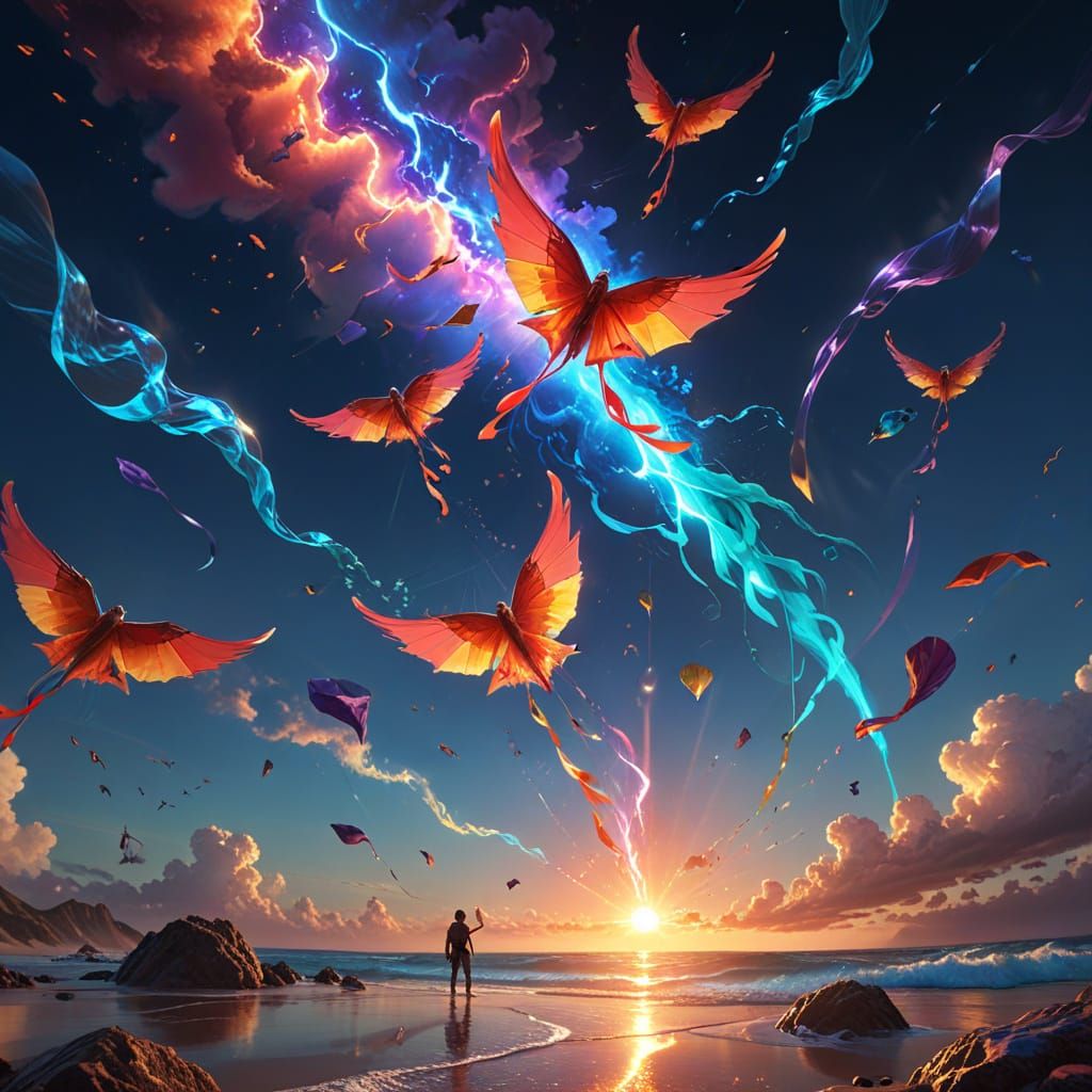 Hyper-Realistic Kites Soar in Neon Hues with Triadic Pattern...