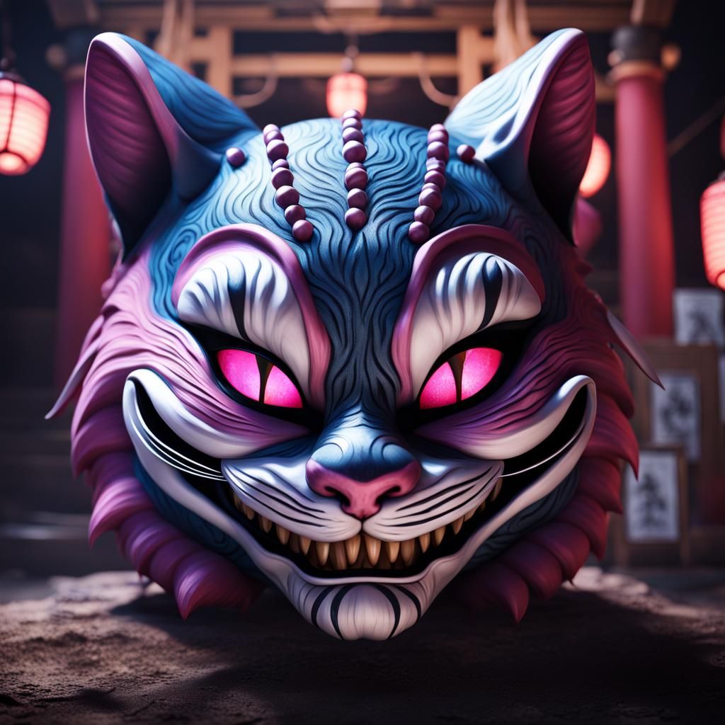Fantastical Japanese Cheshire Cat Mask Digital Art