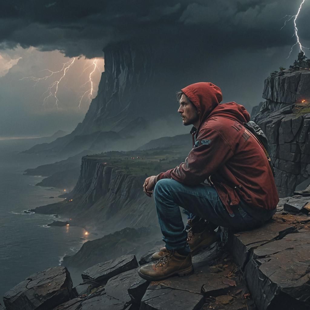 Contemplative Overthinker in Stormy Landscape: Hyper-Realist...