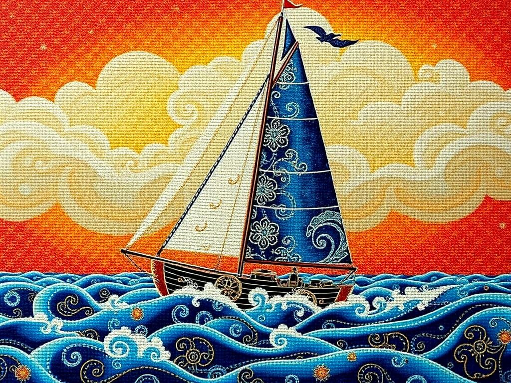 Anime Sailboat Needlepoint in Gilded Obsidian with Paisley A...