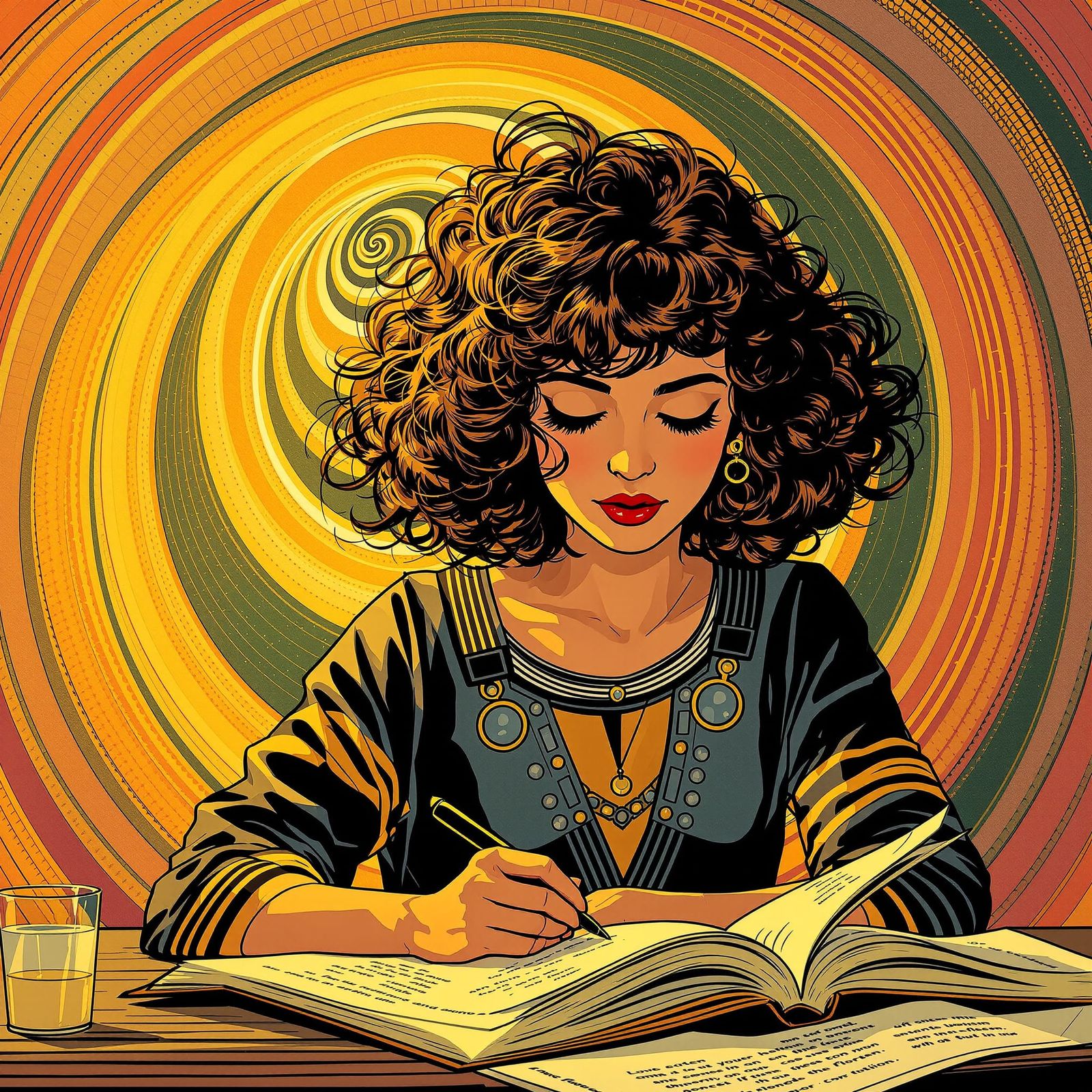 Curly Brunette Woman Studying Notes with Fibonacci Spiral