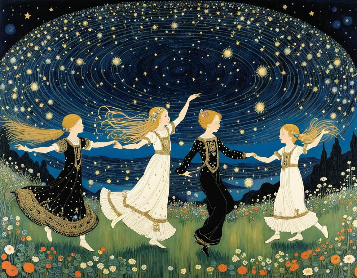 Children Dancing Under Starry Summer Skies in Intricate Styl...