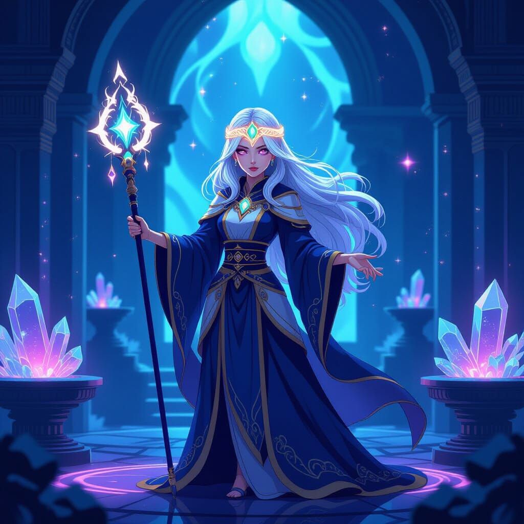 Mysterious Woman in Ethereal Temple: Pixel-Art Style