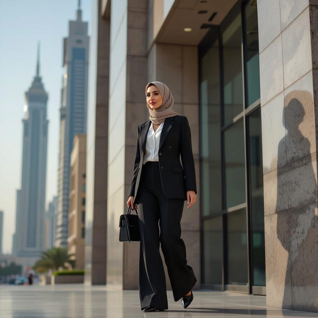 Middle Eastern Woman in Business Suit Leaving Citibank