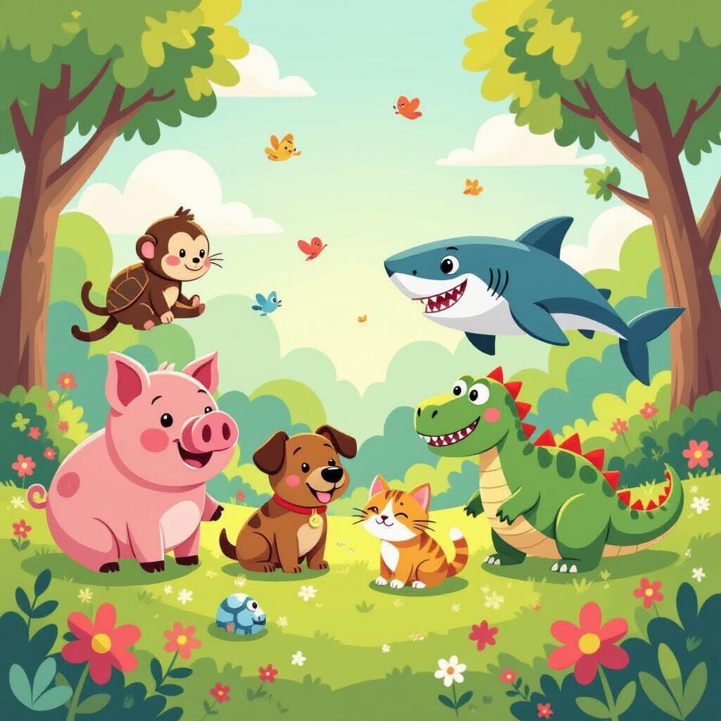 Whimsical Animal Mashup in Vibrant, Dreamlike Landscape