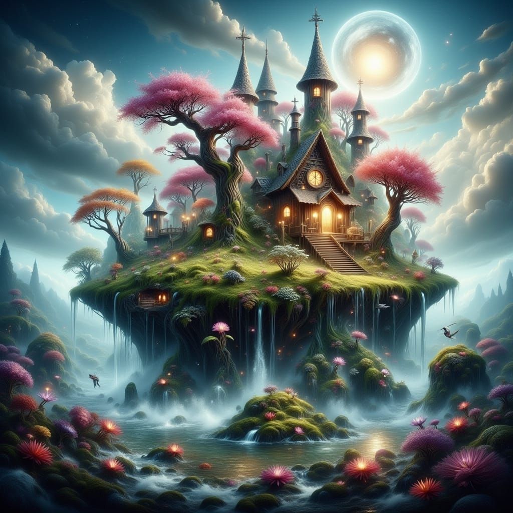 Floating Island Treehouse: Surreal Fantasy Landscape