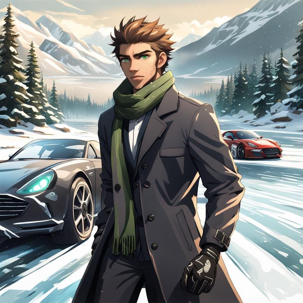 Anime Boy Races Cars on Frozen Lake