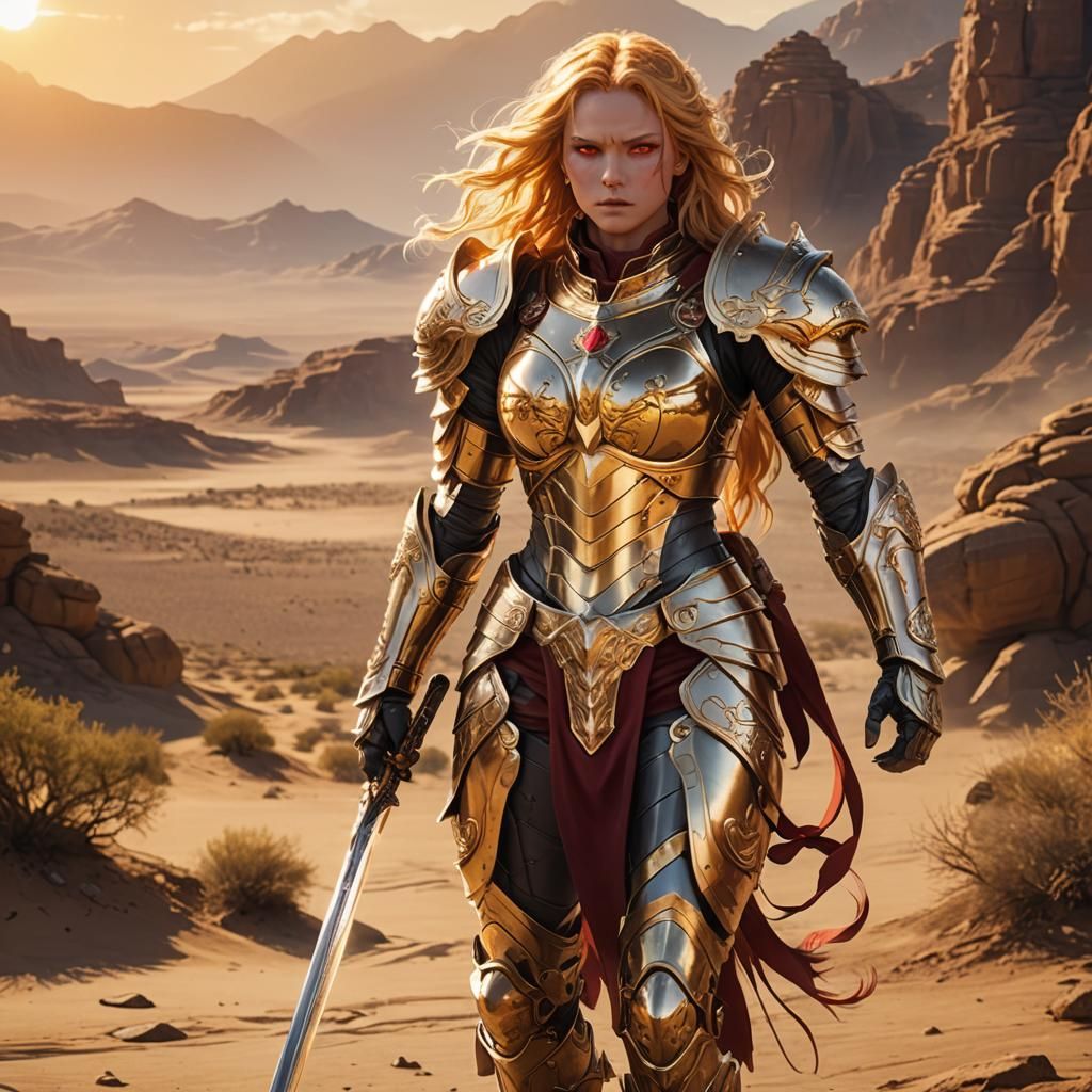 Anime Warrior in Gold Armor, Desert Scene
