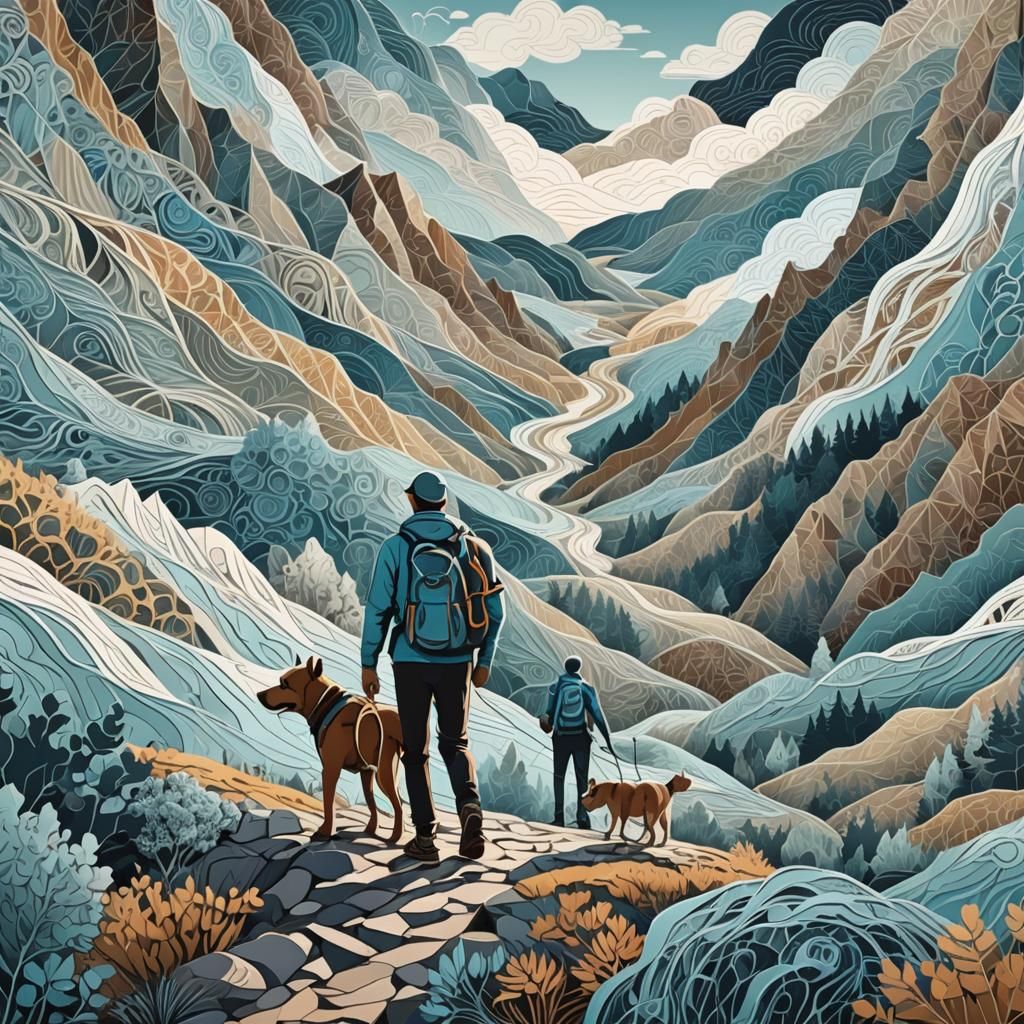 Man and Dog Hiking: Abstract Vector Streetwear Design