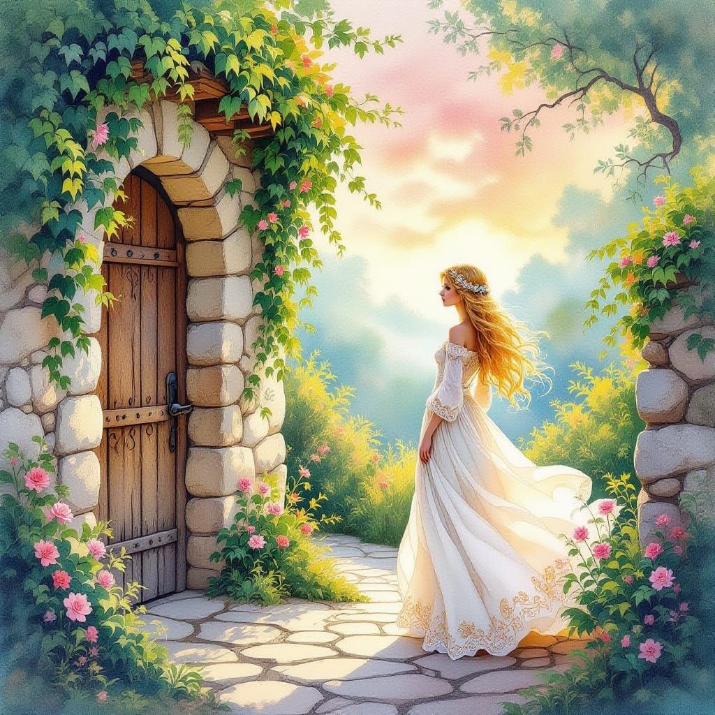 Lush Green Ivy Covers Ancient Stone Wall in Whimsical Waterc...