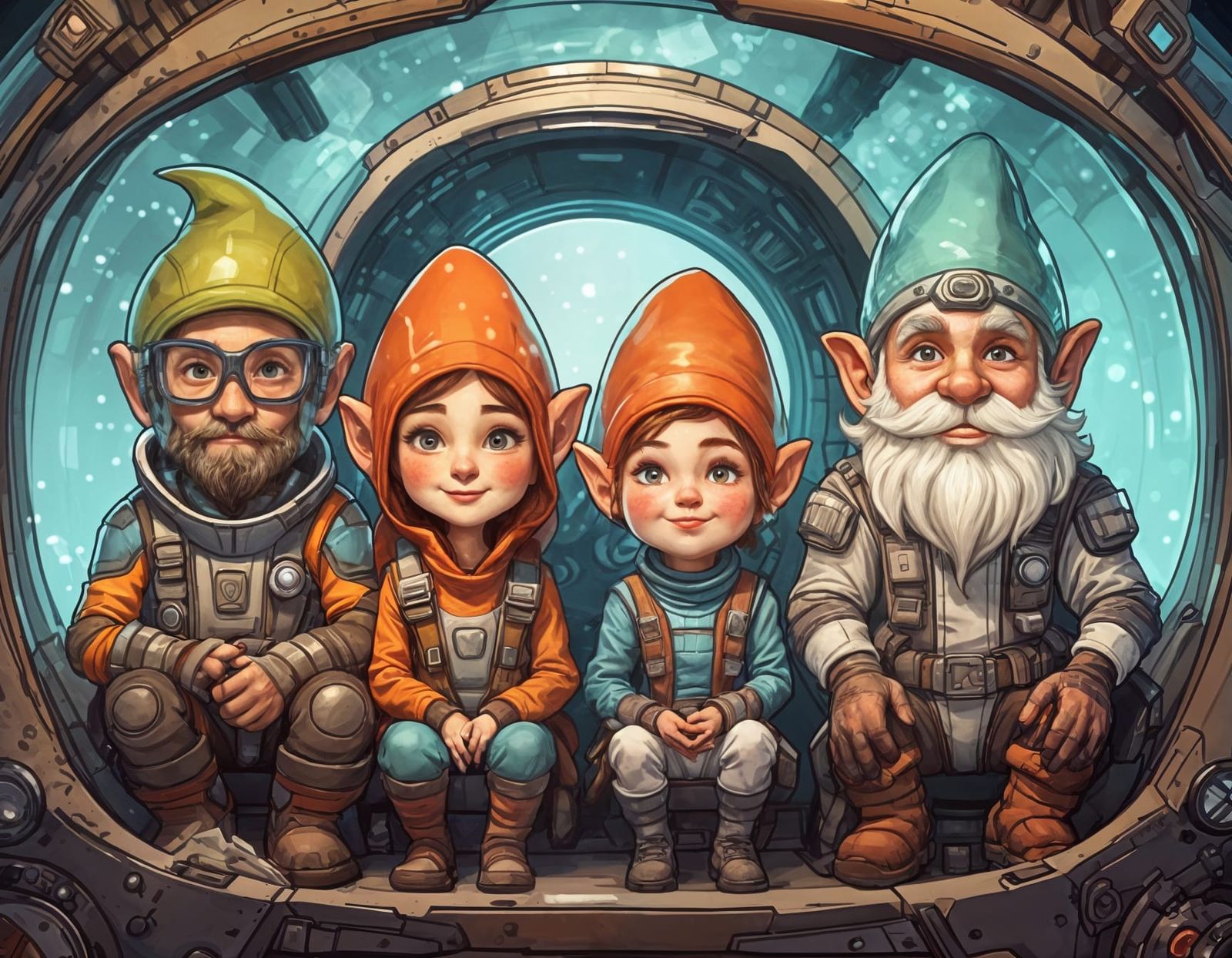 Gnome Family Space Adventure: Cell-Shaded Illustration