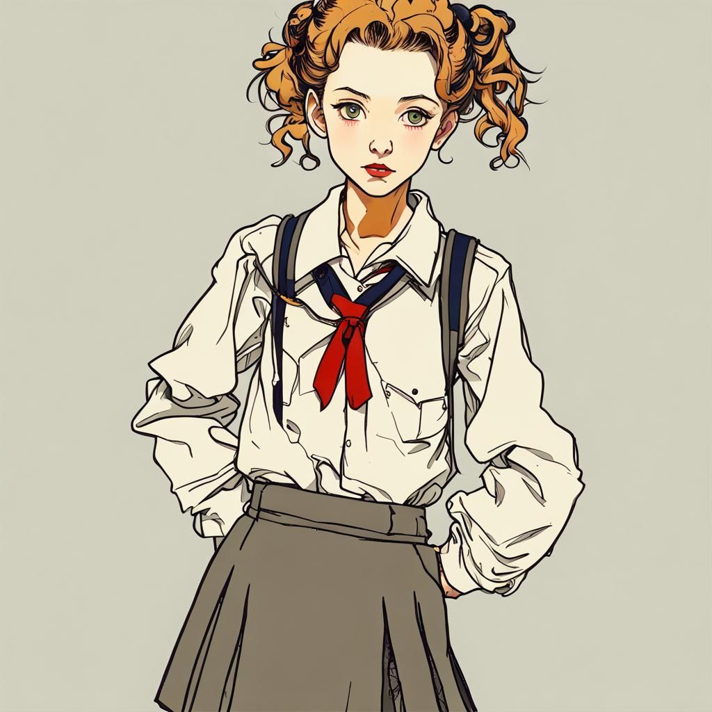 Egon Schiele Style: Japanese Schoolgirl Contour