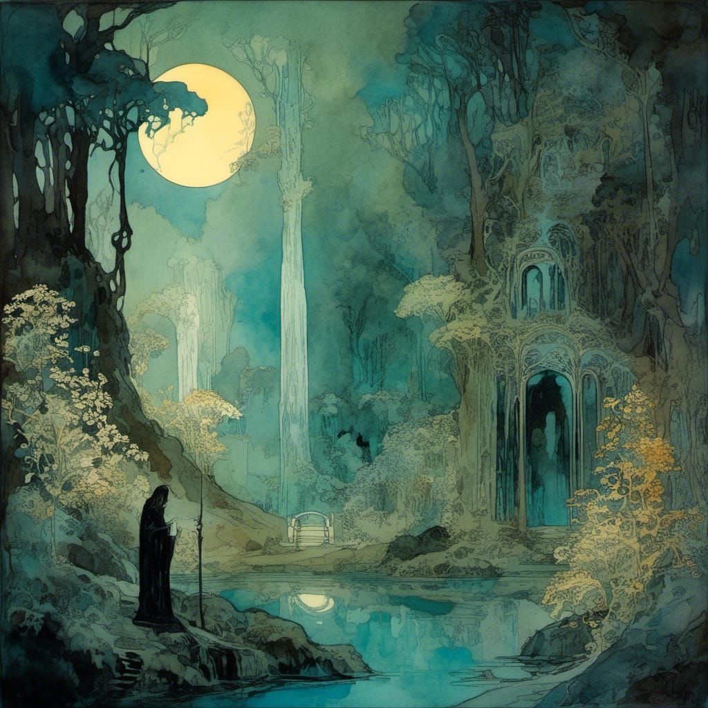 Mystical Moonlit Forest Monastery in Art Nouveau Style