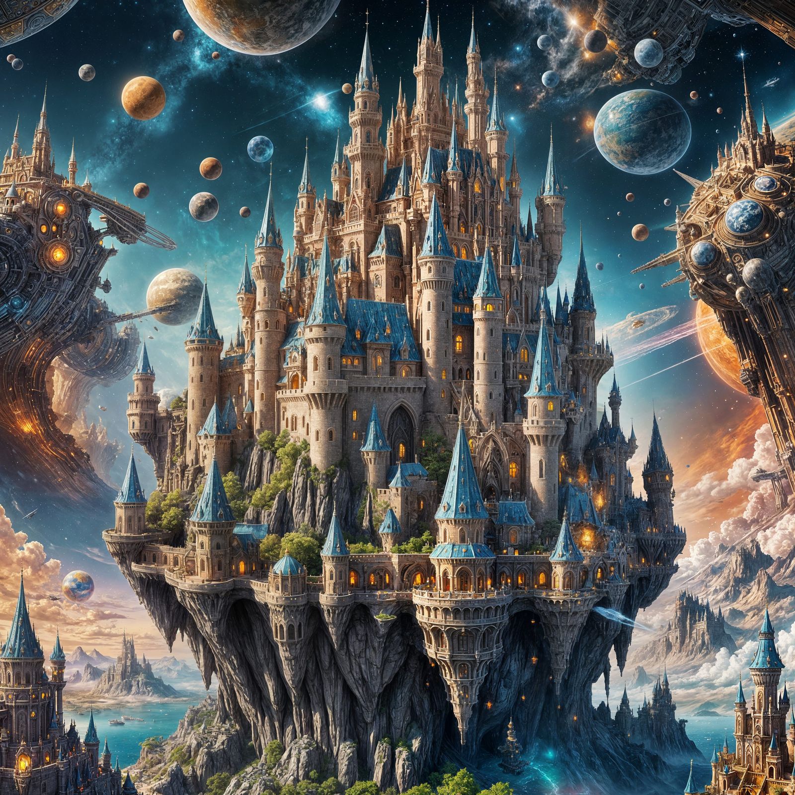 Floating Castle in Space with Sci-Fi Elements