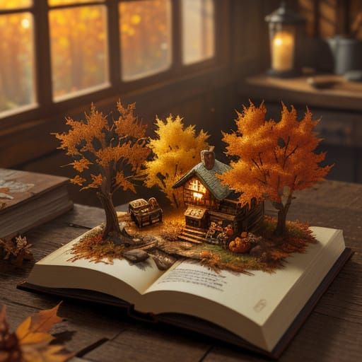 Miniature Autumn Woodworking Scene Rises From Open Book