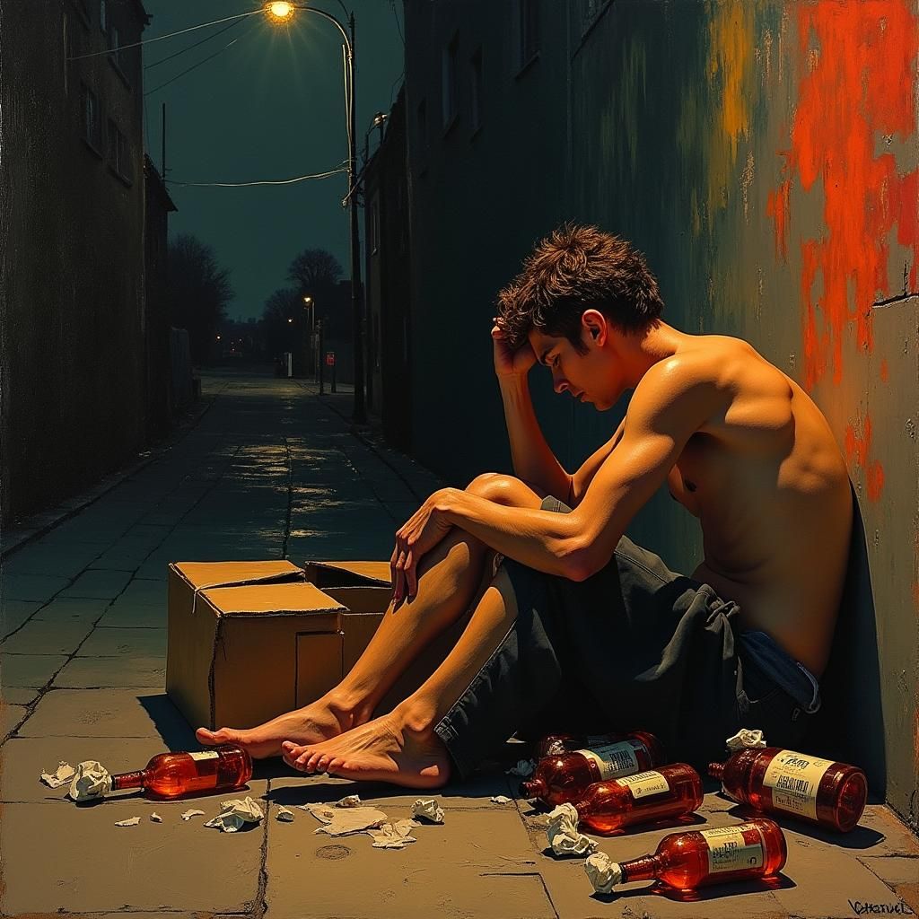 Urban Grit: Expressionist Figure with Cardboard Box