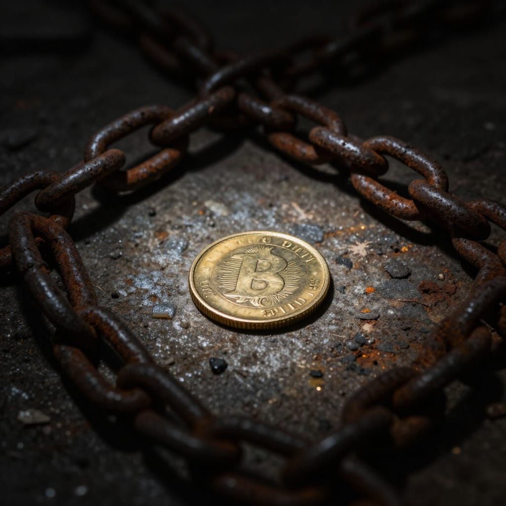 Discarded Gold Coin and Chains in Gritty Alleyway
