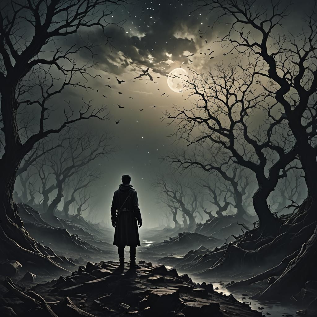 Shadowy Figure Lost in Dark Abyss: Fantasy Concept Art