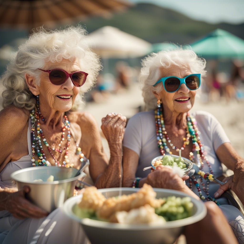 Elderly Mermaids relaxing on a beach and sharing a bucket of fried chicken and Margheritas