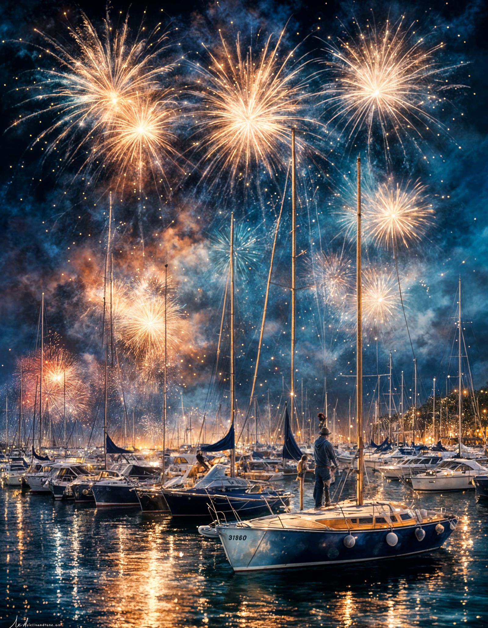 Fireworks Over Marina in Exquisite Painting Style