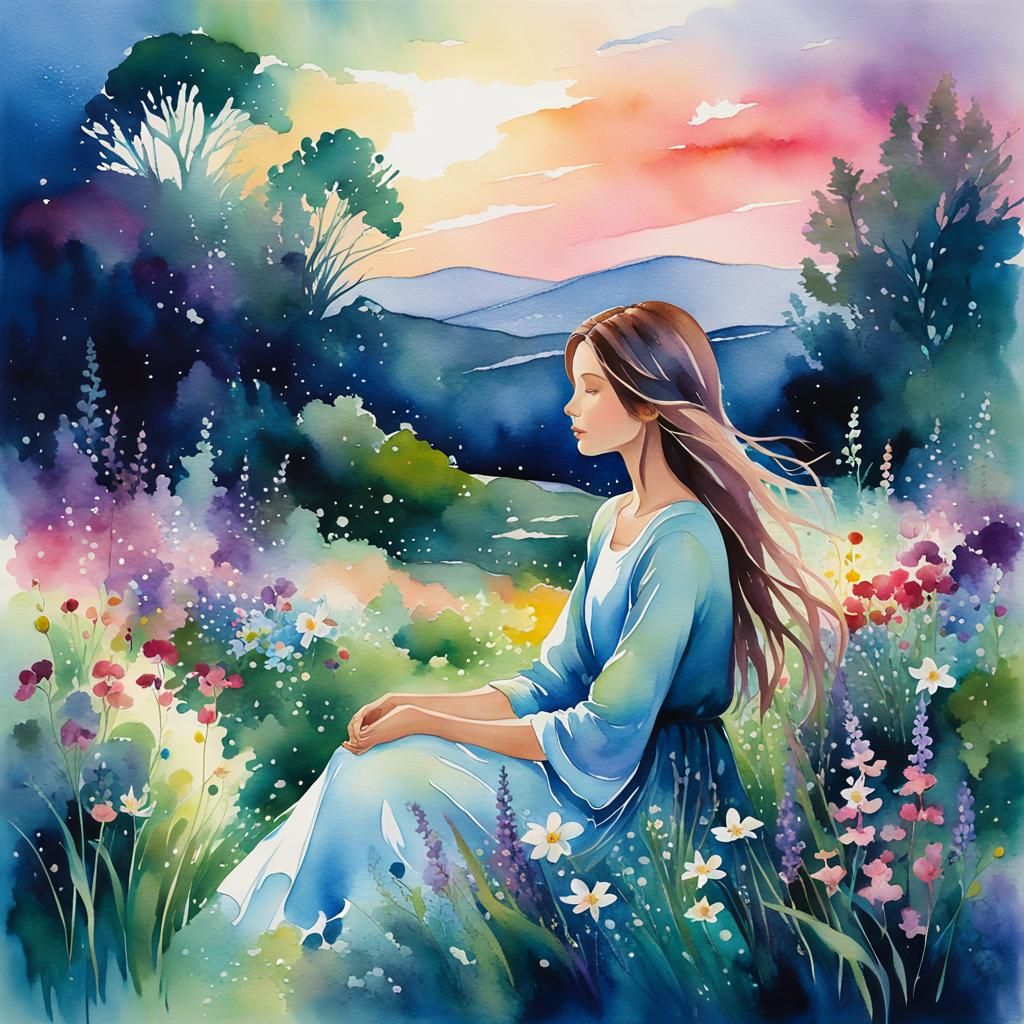 Woman in Twilight Garden: Wet Wash Watercolor Painting