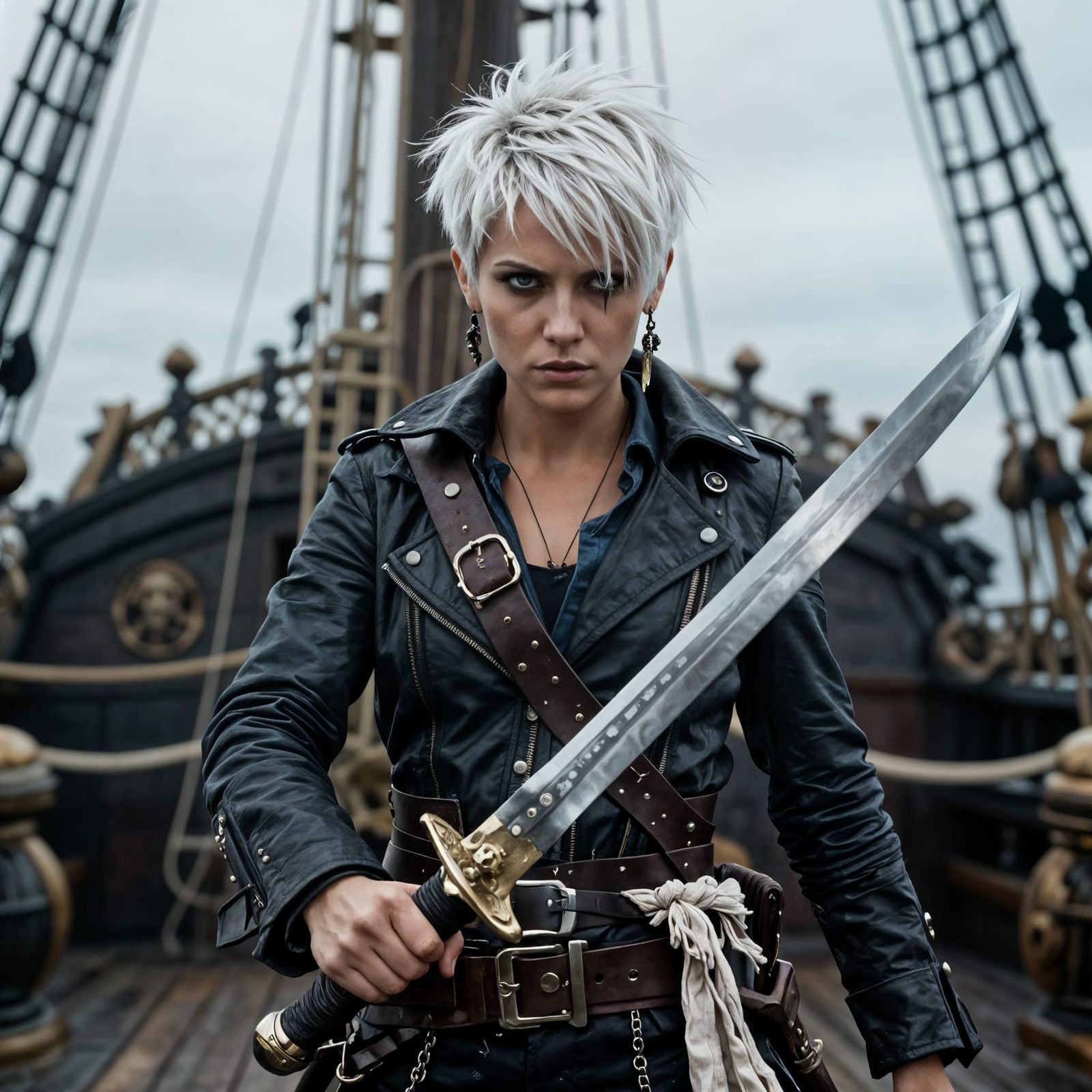 Fierce Pirate Woman with Sword on Ship