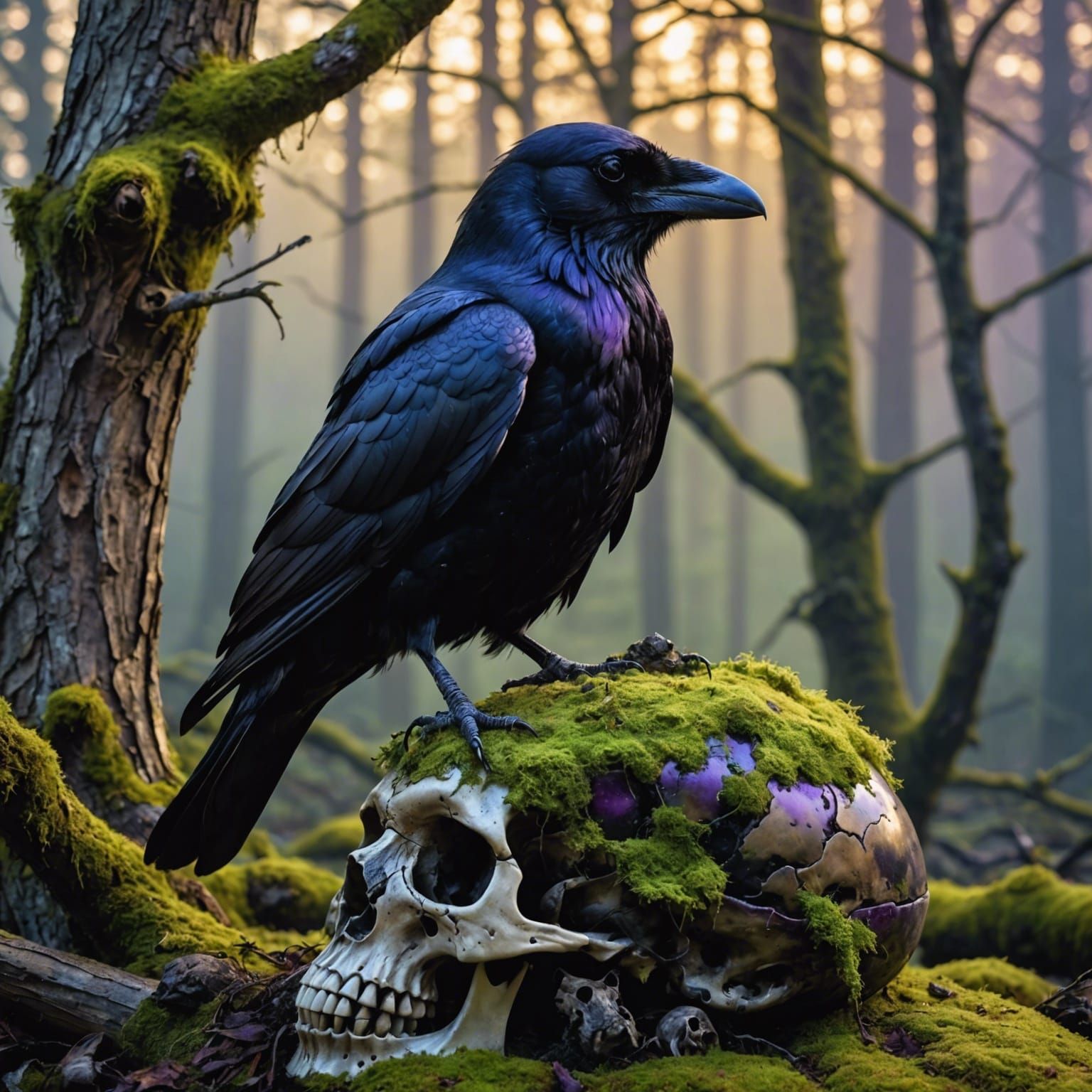 Photorealistic Raven Perched on Skull at Golden Hour