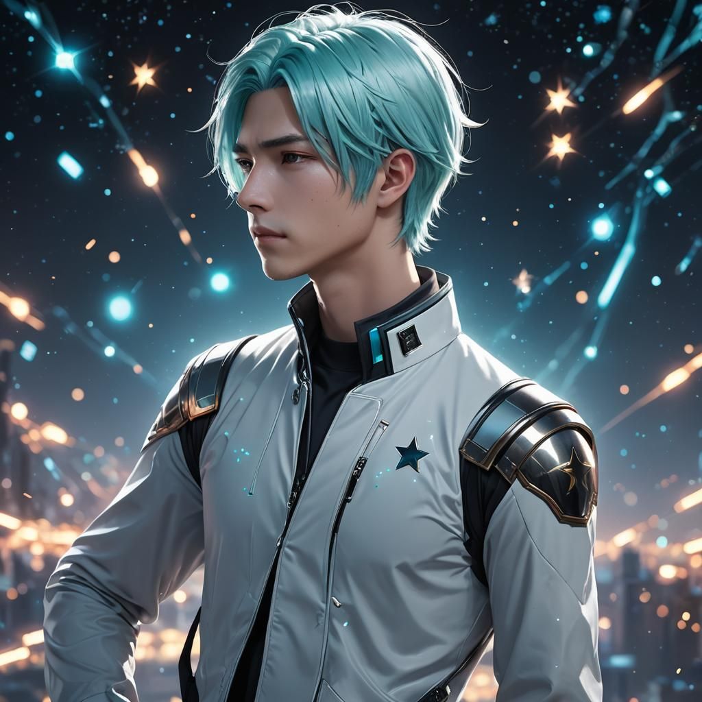 Cyan-Haired Man Roaming Stars: 3D Anime Art