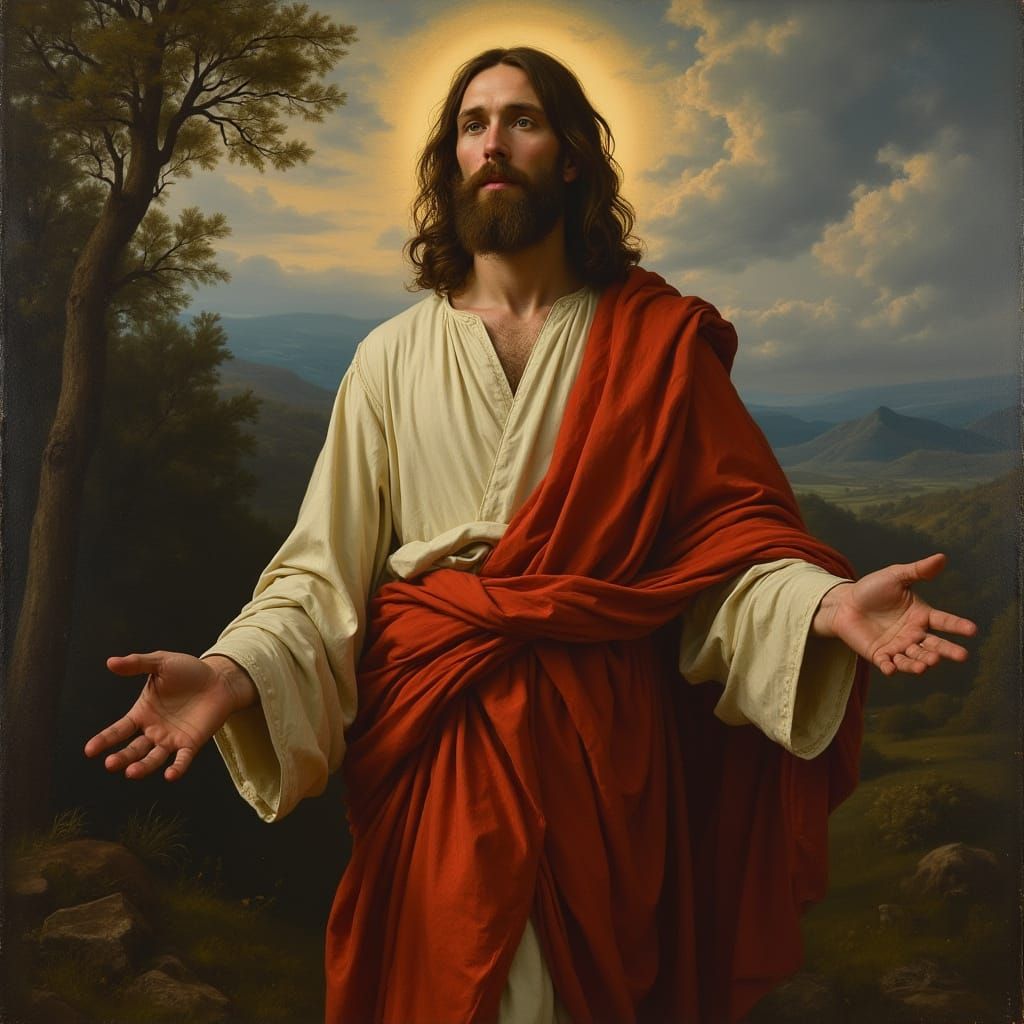 Jesus in a Serene Landscape, Inspired by Caravaggio and Remb...