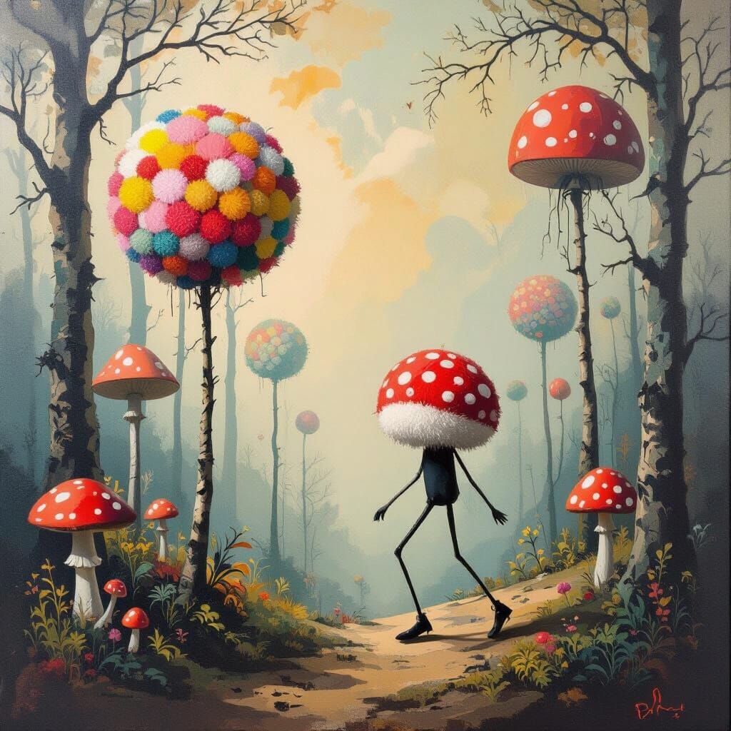 Dreamlike Forest with Pompom Trees in Surrealist Style