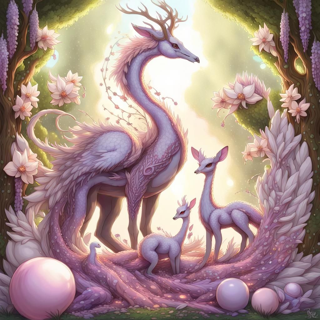 Swan Dragon Deer Hybrid in Opalescent Fantasy Style
