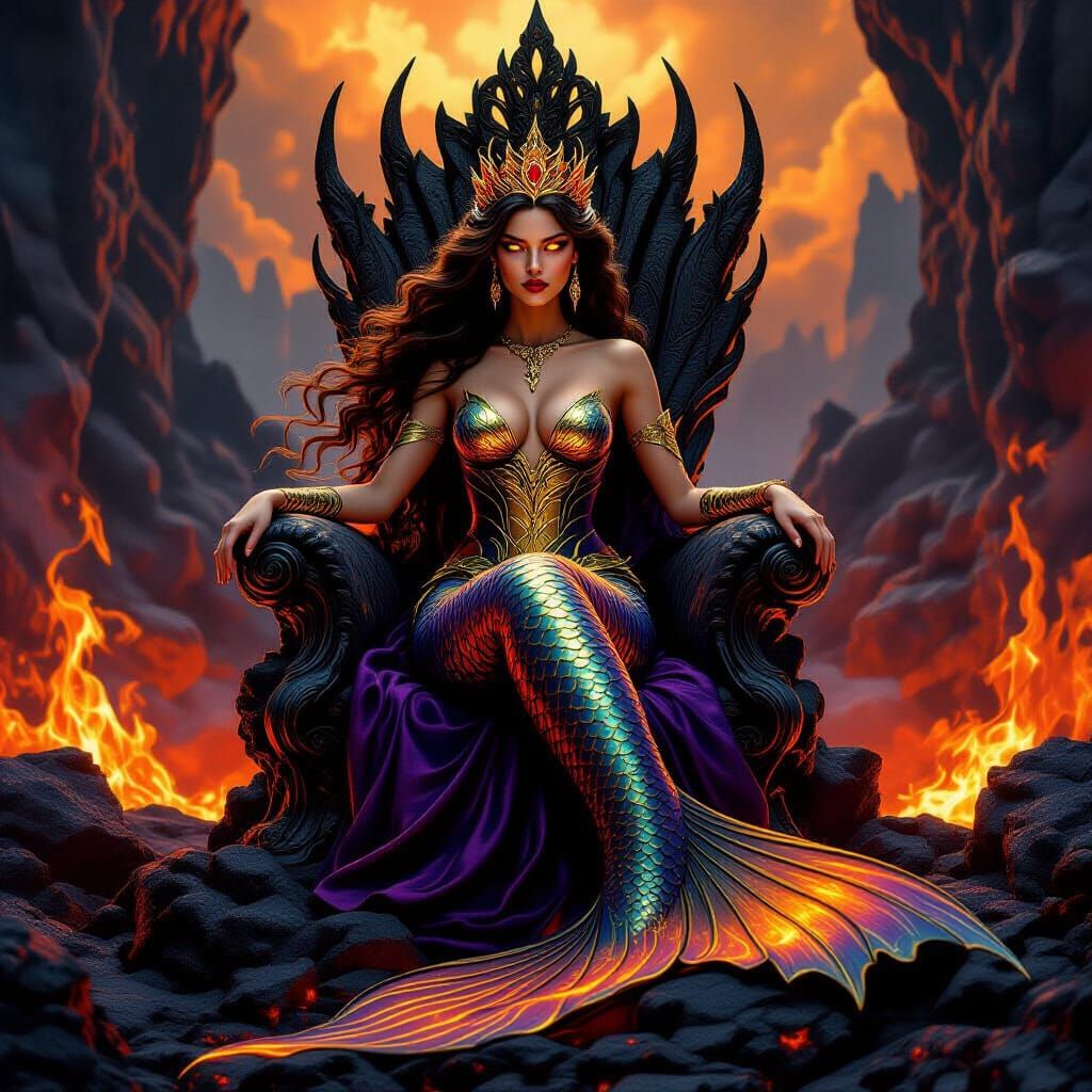 Mermaid Queen on Volcanic Throne, Hyperrealistic